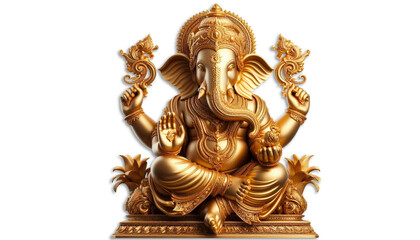 golden color Indian Hindu religion god Ganesh or Ganesha idol cutout in transparent background, png format