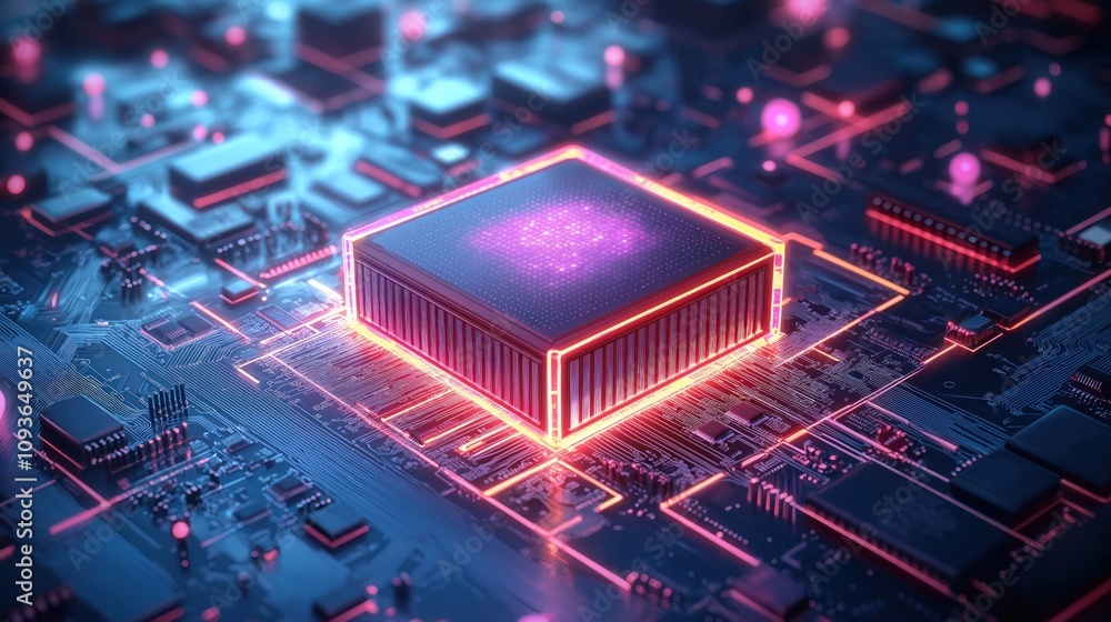Poster futuristic glowing central processing unit in 3d. powerful ai tech with glowing quantum circuits, da