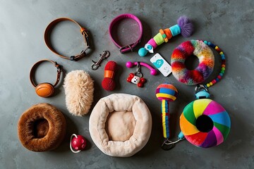 Naklejka na ściany i meble Trendy Pet Accessories in Stylish Flat Lay Arrangement Featuring Chic Collars Luxurious Beds and Fun Interactive Toys