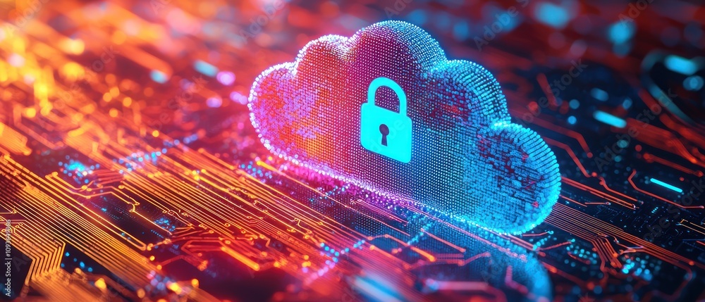 Poster Digital Cloud Security with a Padlock on a Circuit Board