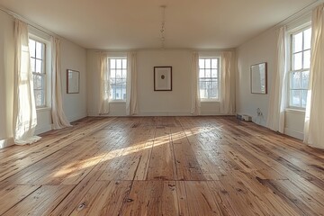 Sunlit Room with Hardwood Floors and White Curtains