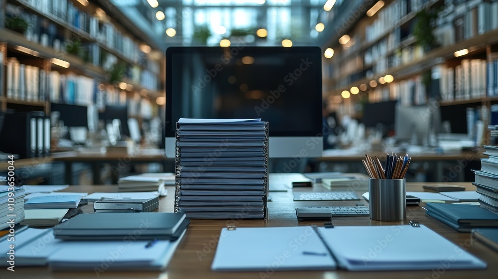 Poster modern office workspace with computer and stacked documents in a bright library setting surrounded b
