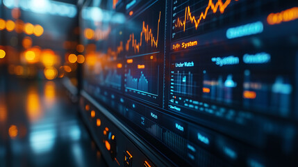 A close-up of a monitor displaying graphs of risk management statistics and "System Under Watch" alerts