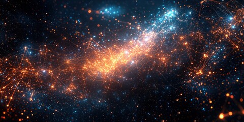 Fototapeta premium Abstract cosmic network with glowing blue and orange lights
