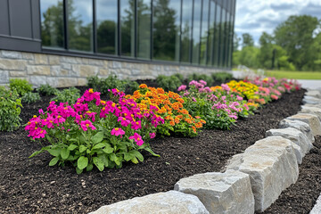 Colorful flowers thrive in well maintained flower bed bordered with new mulch and stones