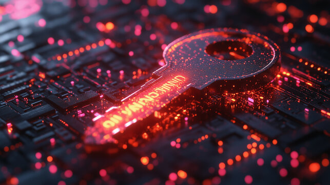 A glowing digital key hovering over a secure server, symbolizing encrypted access to protected information