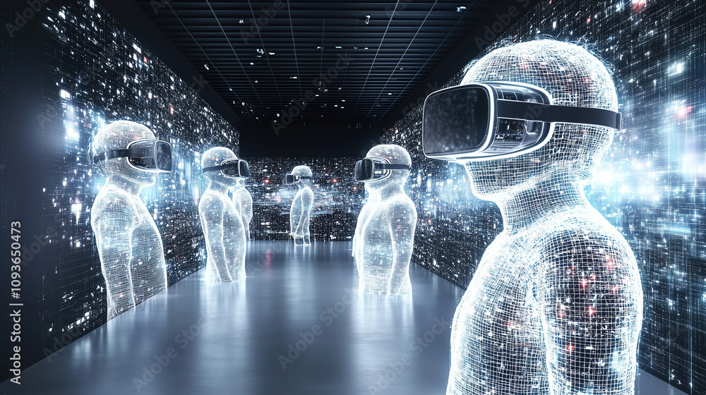 Aufkleber virtual reality experience with animated figures in a digital space, showcasing futuristic technolog