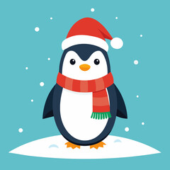 A cheerful penguin dressed in a festive Christmas outfit, featuring a red Santa hat and a cozy green scarf, standing in a snowy winter wonderland with twinkling lights and holiday decorations