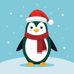 A cheerful penguin dressed in a festive Christmas outfit, featuring a red Santa hat and a cozy green scarf, standing in a snowy winter wonderland with twinkling lights and holiday decorations