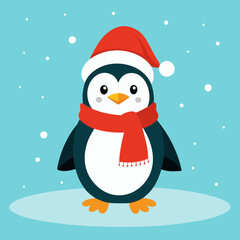 A cheerful penguin dressed in a festive Christmas outfit, featuring a red Santa hat and a cozy green scarf, standing in a snowy winter wonderland with twinkling lights and holiday decorations