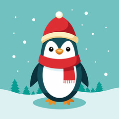 A cheerful penguin dressed in a festive Christmas outfit, featuring a red Santa hat and a cozy green scarf, standing in a snowy winter wonderland with twinkling lights and holiday decorations