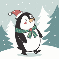A cheerful penguin dressed in a festive Christmas outfit, featuring a red Santa hat and a cozy green scarf, standing in a snowy winter wonderland with twinkling lights and holiday decorations