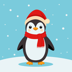 A cheerful penguin dressed in a festive Christmas outfit, featuring a red Santa hat and a cozy green scarf, standing in a snowy winter wonderland with twinkling lights and holiday decorations