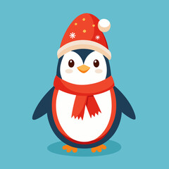 A cheerful penguin dressed in a festive Christmas outfit, featuring a red Santa hat and a cozy green scarf, standing in a snowy winter wonderland with twinkling lights and holiday decorations