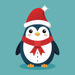 A cheerful penguin dressed in a festive Christmas outfit, featuring a red Santa hat and a cozy green scarf, standing in a snowy winter wonderland with twinkling lights and holiday decorations