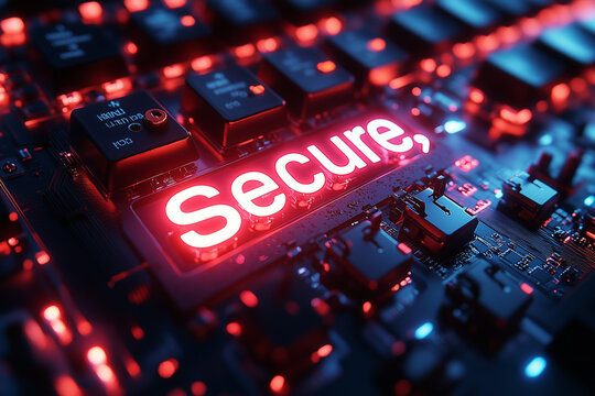 A close-up of a keyboard with glowing keys spelling "Secure," surrounded by shields and locks