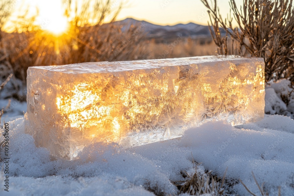 Poster A block of ice reflecting the setting sun in a snowy field