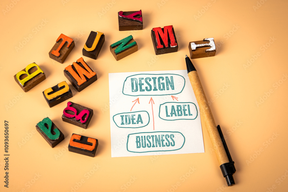 Wall mural design concept. notepad and wooden alphabet letters on a light background