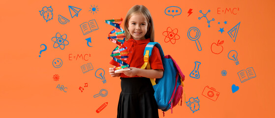 Cute little schoolgirl with DNA model and backpack on orange background