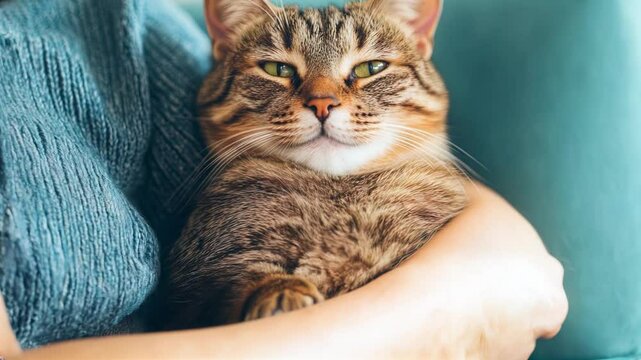 A cat purring softly in the lap of its owner close up   Natural calming rhythm for relaxation comforting   Multilayer, Home backdrop.