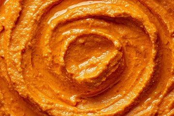 Detailed Close-Up of Spicy Hummus, Featuring Silky Texture and Bold Coloring. Perfect for Food Branding, Gourmet Photography, or Recipe Development.