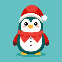 A cheerful penguin dressed in a festive Christmas outfit, featuring a red Santa hat and a cozy green scarf, standing in a snowy winter wonderland with twinkling lights and holiday decorations
