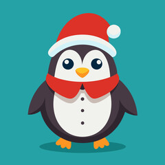 A cheerful penguin dressed in a festive Christmas outfit, featuring a red Santa hat and a cozy green scarf, standing in a snowy winter wonderland with twinkling lights and holiday decorations