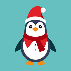 A cheerful penguin dressed in a festive Christmas outfit, featuring a red Santa hat and a cozy green scarf, standing in a snowy winter wonderland with twinkling lights and holiday decorations