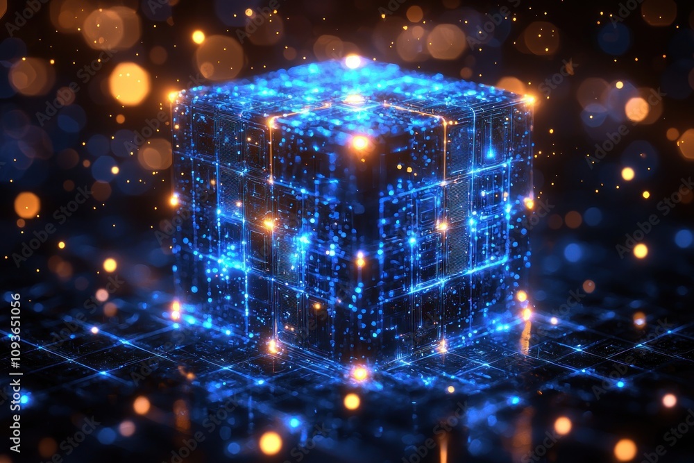 Poster Glowing Blue Cube with Circuitry and Bokeh Lights
