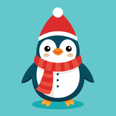 A cheerful penguin dressed in a festive Christmas outfit, featuring a red Santa hat and a cozy green scarf, standing in a snowy winter wonderland with twinkling lights and holiday decorations