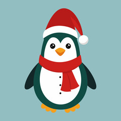 A cheerful penguin dressed in a festive Christmas outfit, featuring a red Santa hat and a cozy green scarf, standing in a snowy winter wonderland with twinkling lights and holiday decorations