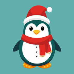 A cheerful penguin dressed in a festive Christmas outfit, featuring a red Santa hat and a cozy green scarf, standing in a snowy winter wonderland with twinkling lights and holiday decorations