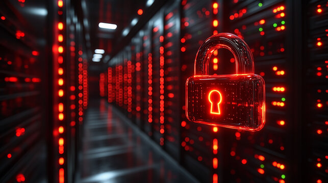 A glowing padlock floating over a server room, representing the concept of secure data storage