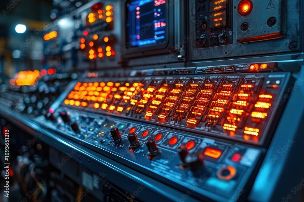 Poster close-up of an industrial control panel with illuminated buttons and a screen