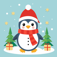 A cheerful penguin dressed in a festive Christmas outfit, featuring a red Santa hat and a cozy green scarf, standing in a snowy winter wonderland with twinkling lights and holiday decorations