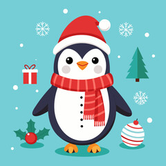 A cheerful penguin dressed in a festive Christmas outfit, featuring a red Santa hat and a cozy green scarf, standing in a snowy winter wonderland with twinkling lights and holiday decorations