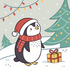 A cheerful penguin dressed in a festive Christmas outfit, featuring a red Santa hat and a cozy green scarf, standing in a snowy winter wonderland with twinkling lights and holiday decorations
