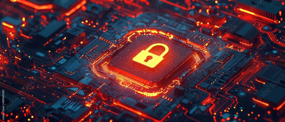 Poster a glowing padlock on a motherboard circuit board