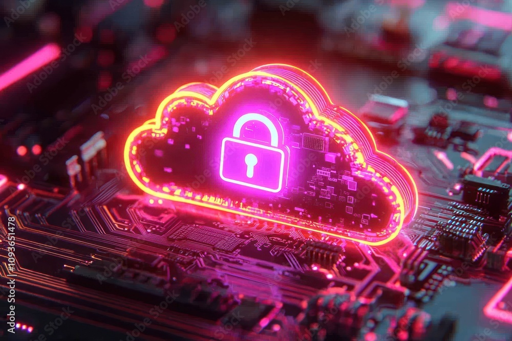 Poster Cybersecurity concept with a glowing cloud and padlock on a circuit board