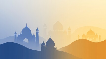 Abstract gradient background transitioning from blue to saffron, with subtle outlines of Indian monuments