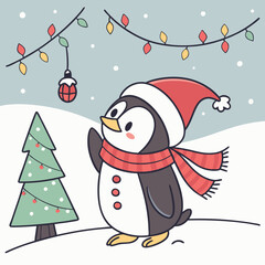 A cheerful penguin dressed in a festive Christmas outfit, featuring a red Santa hat and a cozy green scarf, standing in a snowy winter wonderland with twinkling lights and holiday decorations