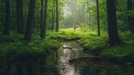Fototapeta premium Misty Forest Stream: A Serene Woodland Escape