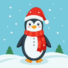 A cheerful penguin dressed in a festive Christmas outfit, featuring a red Santa hat and a cozy green scarf, standing in a snowy winter wonderland with twinkling lights and holiday decorations