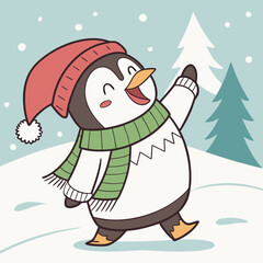 A cheerful penguin dressed in a festive Christmas outfit, featuring a red Santa hat and a cozy green scarf, standing in a snowy winter wonderland with twinkling lights and holiday decorations