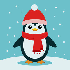 A cheerful penguin dressed in a festive Christmas outfit, featuring a red Santa hat and a cozy green scarf, standing in a snowy winter wonderland with twinkling lights and holiday decorations
