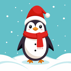 A cheerful penguin dressed in a festive Christmas outfit, featuring a red Santa hat and a cozy green scarf, standing in a snowy winter wonderland with twinkling lights and holiday decorations