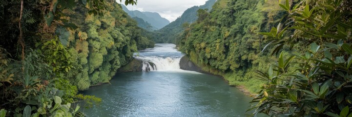 Fototapeta premium A banner with the image of a long river flowing from a waterfall between green mountains, surrounded by a dense rainforest with lush green foliage.