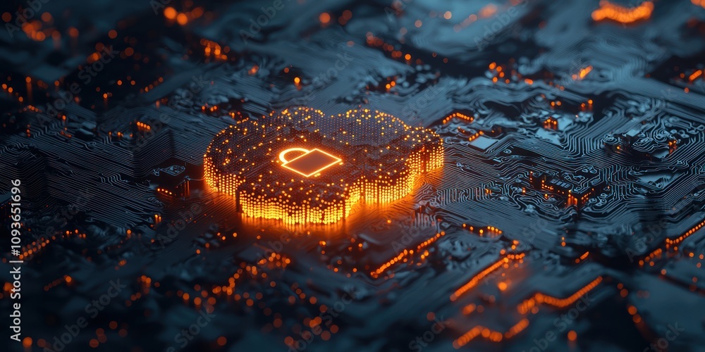 Poster Glowing Cloud Shape with Lock Icon on Circuit Board