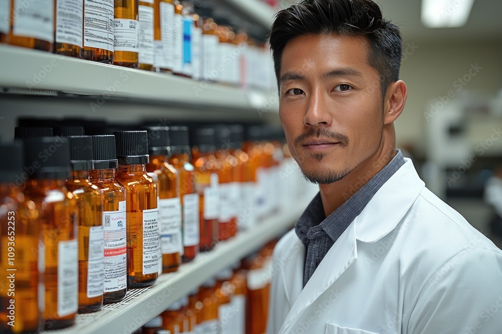 Aufkleber a man in a white lab coat stands in front of shelves of amber bottles in a lab