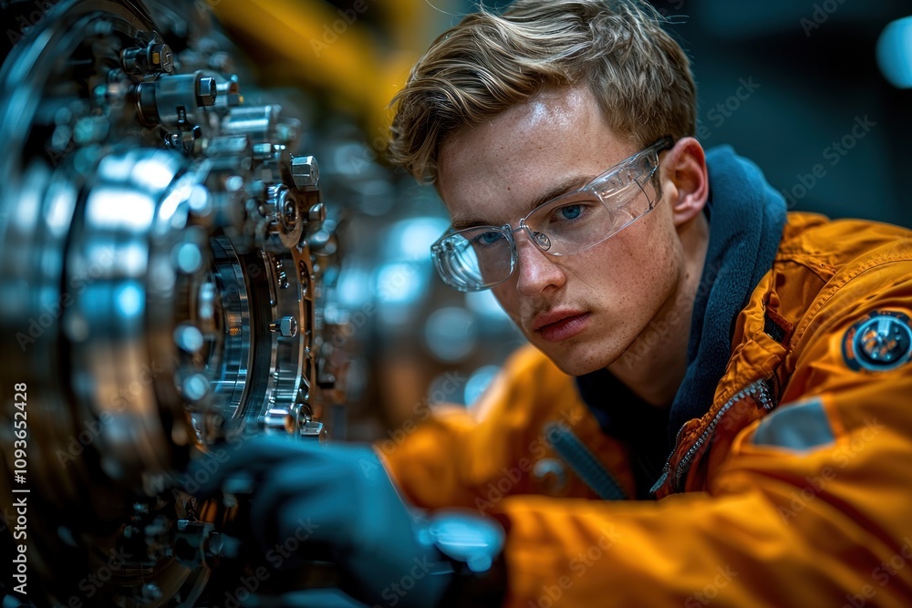 Poster young mechanic examining complex machinery in a workshop